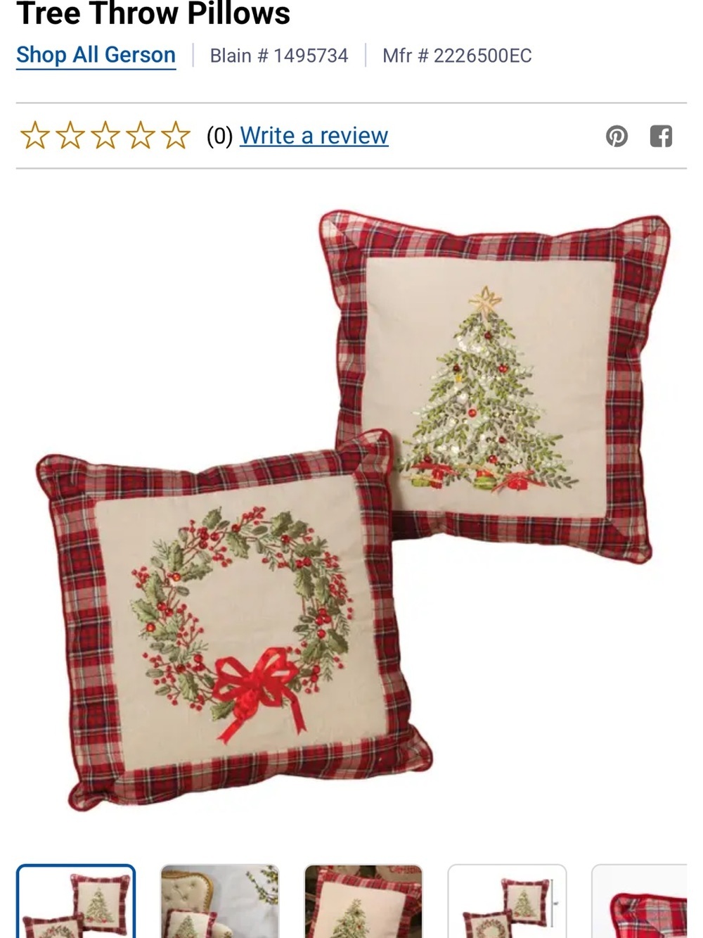 NWT Red Plaid Holiday Throw Pillow Set - Christmas Tree & Wreath